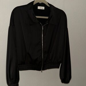 Sadie & Sage Black Bomber Jacket, satiny material, cropped